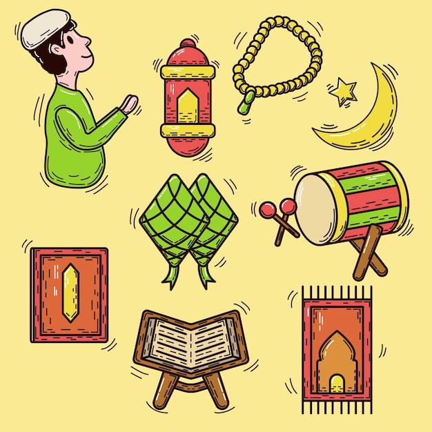 Een set doodles met een Ramadan-thema van verschillende soorten vectorillustratie