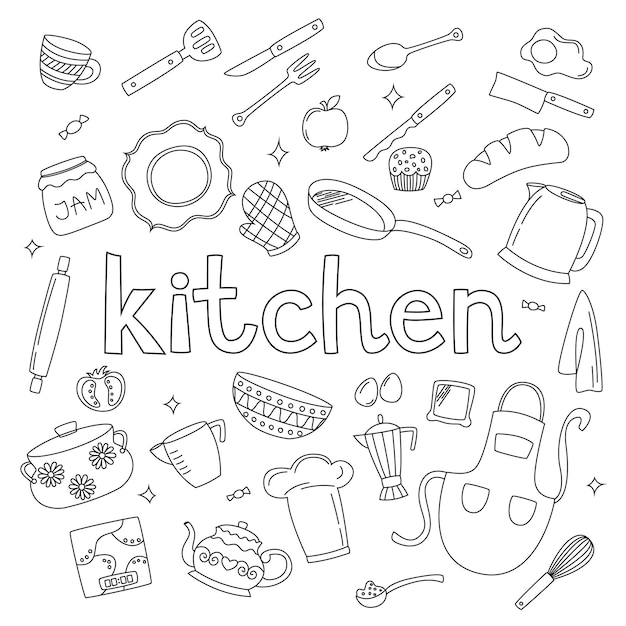 Vector een set doodles rond het thema keuken en tafelgerei. handgetekende borden en eten in het zwart.