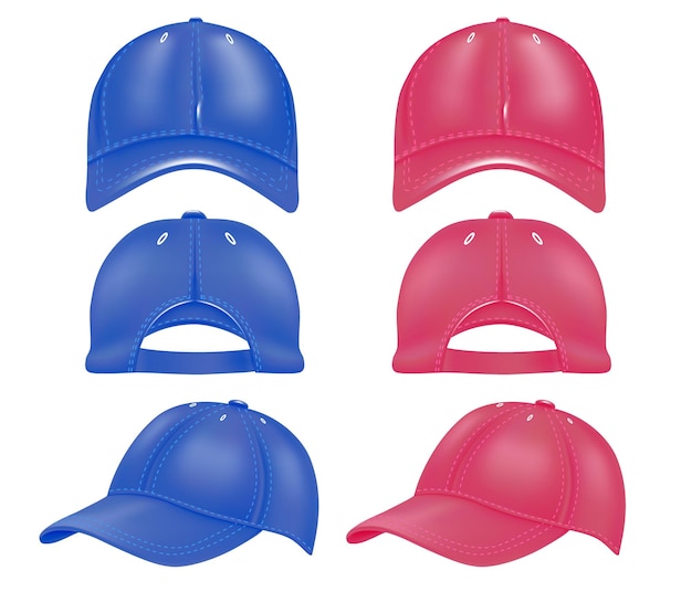 Een set doppen vanuit verschillende hoeken in rood en blauw. Ontwerp van caps en baseball caps zijaanzicht, terug, vooraanzicht, geïsoleerd op een witte achtergrond. vector illustratie