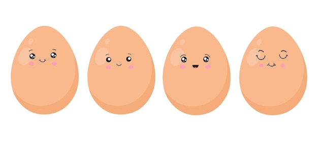 Een set eieren in de stijl van kawaii Eieren met grappige gezichten Vectorillustratie in een vlakke stijl