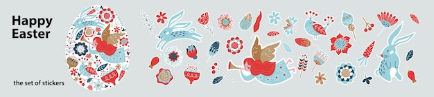 Een set feestelijke stickers voor pasen met een engel konijnen en lentebloemen