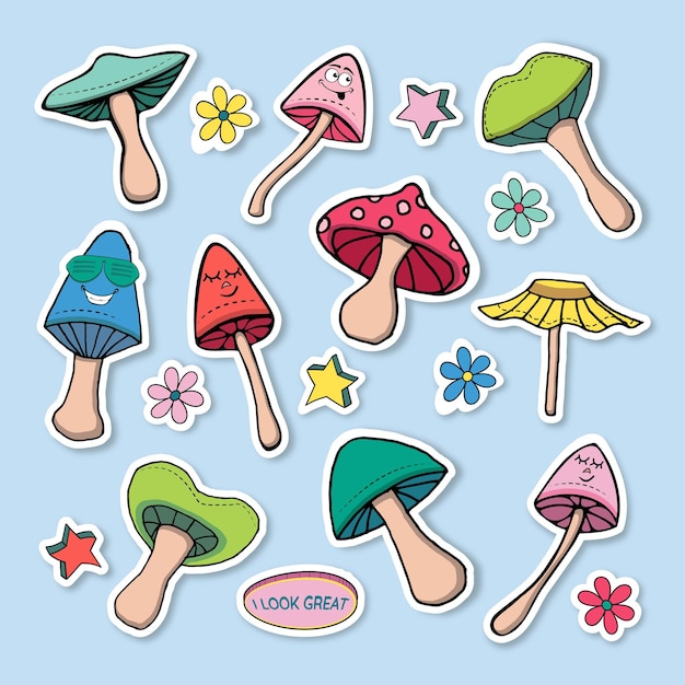 Een set gekleurde stickers vector-elementen paddestoelen sterren lflowers