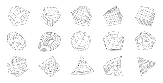 Een set geometrische vormen van een wireframe Een verzameling van diverse objecten voor gebruik in HUD-ontwerp Netwerklijnconcept Creatieve abstracte geometrische vormen Vector illustratie