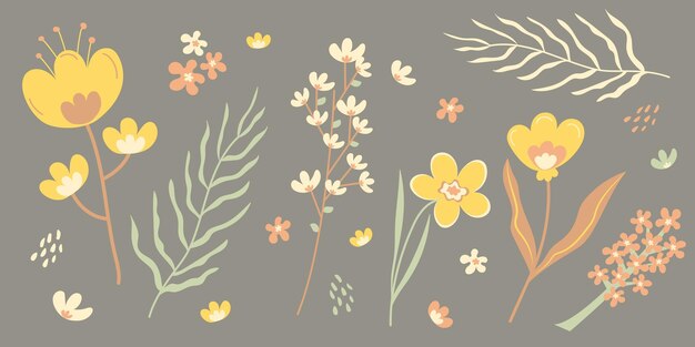 Vector een set geschilderde takjes met bloemen in de doodle stijl lente bloemen in retro kleuren