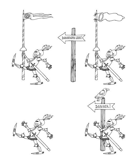 Een set grappige middeleeuwse ridders in metalen harnassen is op weg naar gevaar in zwarte inkt