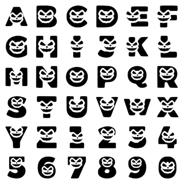 Een set halloween-tekens in de vorm van letters en cijfers met een gek gezicht, vectorillustraties.