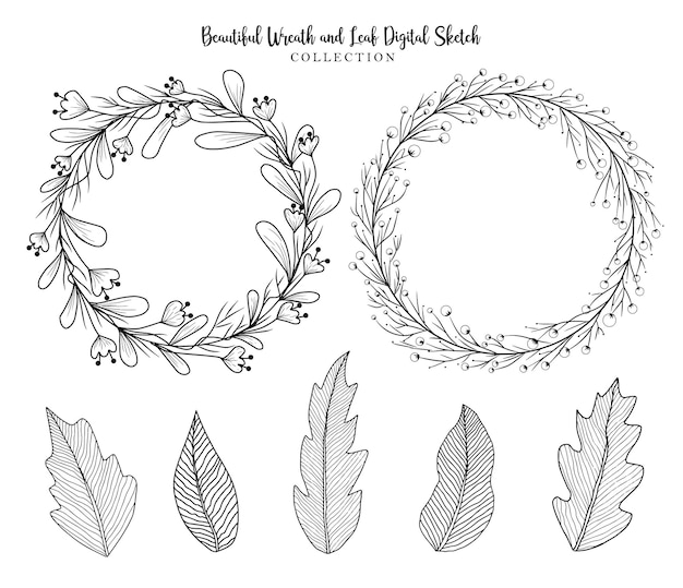 Een set handgetekende bloemenkrans en blad digitale schets