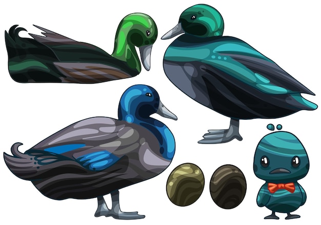 Vector een set handgetekende eenden het ras van black east indie duck