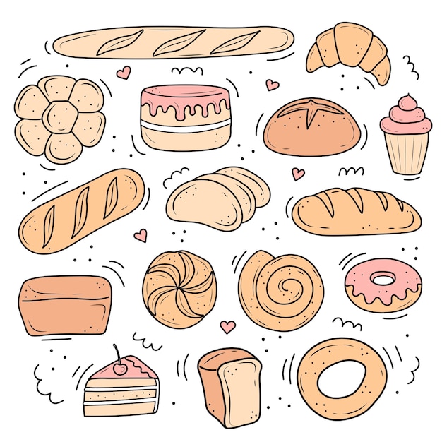 een set illustraties van gebakken gebak