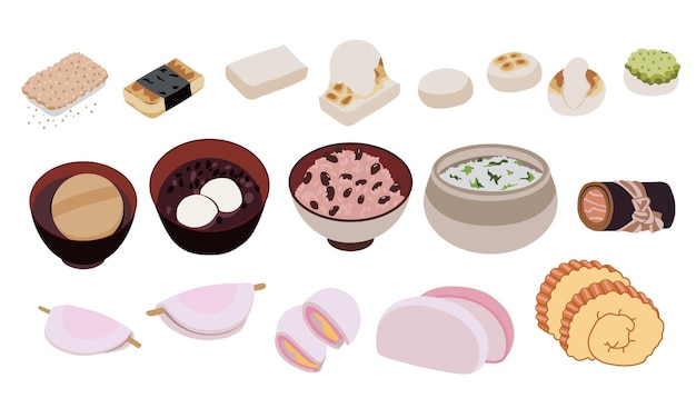 Een set illustraties van Japans Nieuwjaars eten