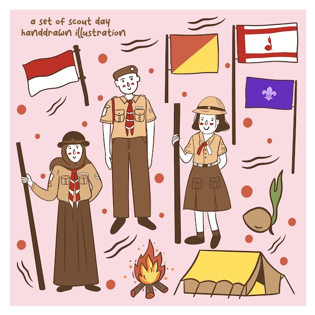 een set Indonesische nationale scoutsdagillustraties