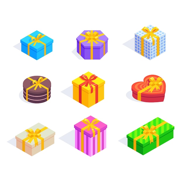 Een set isometrische cadeau dozen in verschillende kleuren en vormen