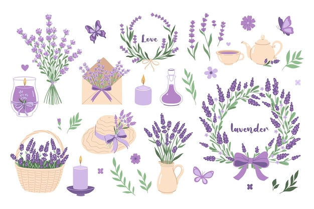 Vector een set items met lavendelbloemen vectorafbeeldingen
