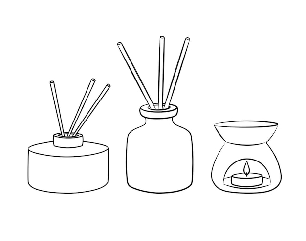 Een set items voor aroma in huis. Geurkaarsen, diffuser, aromalamp.
