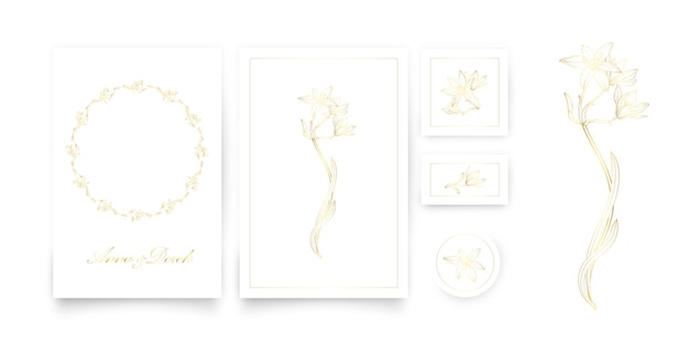 Een set kaarten met een gouden bloemenornament. Romantische set
