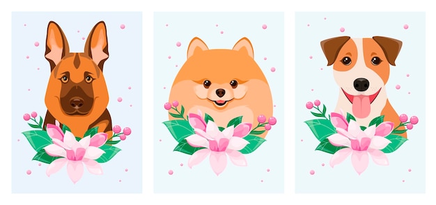 Een set kaarten met honden en bloemen. schattige huisdieren. cartoon-ontwerp.