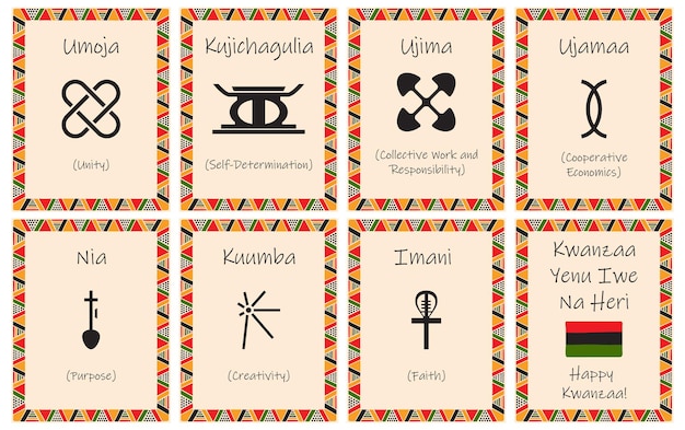 Een set kaarten met zeven tekens van de Kwanzaa-principes Symbool met namen in het Swahili Poster met een etnisch Afrikaans patroon in traditionele kleuren Vector illustratie