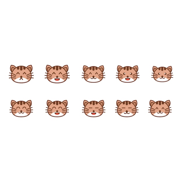 Een set kattengezichten met verschillende uitdrukkingen.