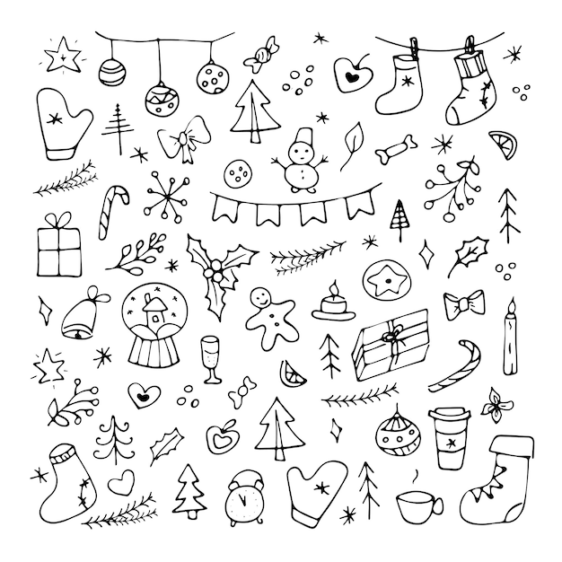Een set kerstelementen voor decoratie, met de hand getekend in de stijl van een doodle