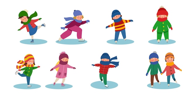 Een set kinderen die op ijs schaatsen. Wintersport. Vectorillustratie in een vlakke stijl.