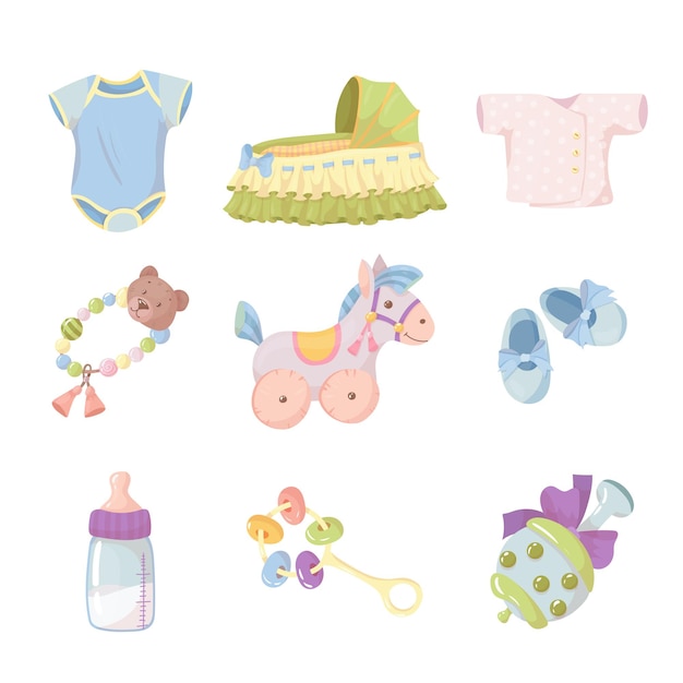 Een set kleding en accessoires voor kleine kinderen. rammelaars voor pasgeborenen. goederen voor kinderen. vectone illustratie geïsoleerd op een witte achtergrond.