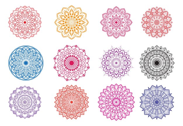 Vector een set kleurrijke mandala's in verschillende kleuren.