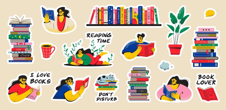 Een set knusse stickers Mensen lezen boeken Een vrouw, een meisje, een jongen bestuderen het tijdschrift Textbooks