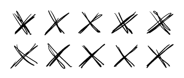 Vector een set krabbelkruizen om tekst x-teken in schetsstijl door te strepen of te markeren