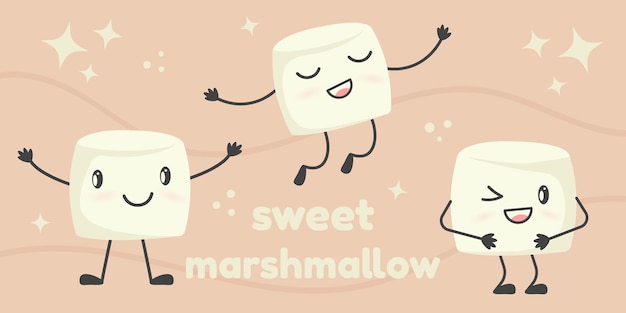 Vector een set leuke marshmallows in cartoon stijl en pastelkleuren