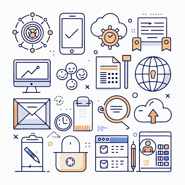 Een set lijniconen met betrekking tot zakelijke technologie en sociale media