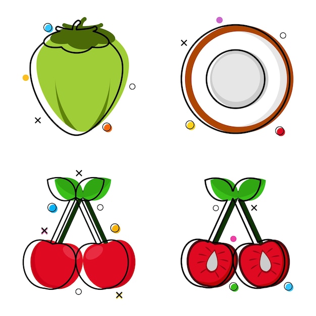 Vector een set lijntekeningen van kokosnoot en kersenfruit plat ontwerp. vector illustratie