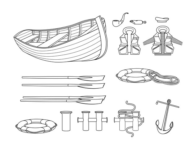 Vector een set maritieme veiligheidselementen houten reddingsboot reddingsvest reddingsboei anker oars knecht