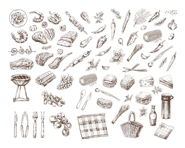 Een set met de hand getekende schetsen van barbecue- en picknickelementen voor het ontwerp van het menu