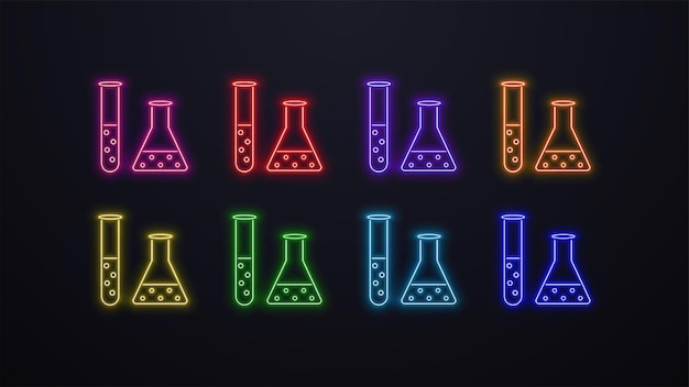 Een set met neon iconen van laboratoriumbuizen voor medicijnen in groen blauw geel paars roze oranje kleuren op een donkere achtergrond