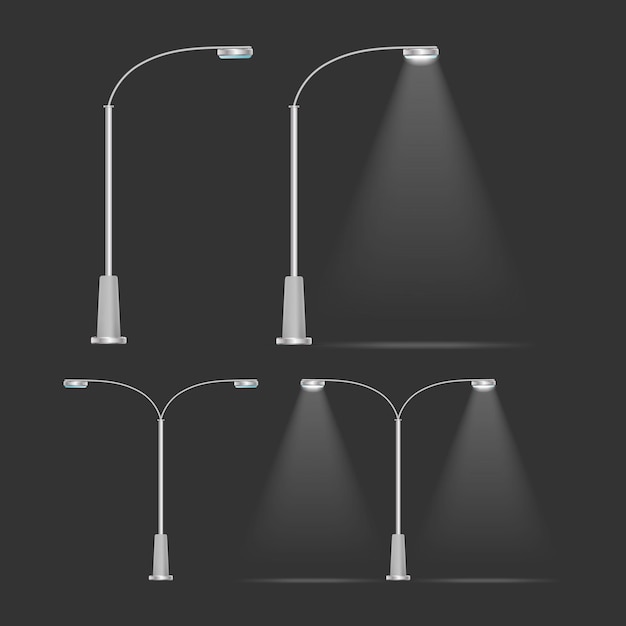 Een set metalen lantaarns die schitteren. Lantaarnpaal met realistisch licht. Vector.