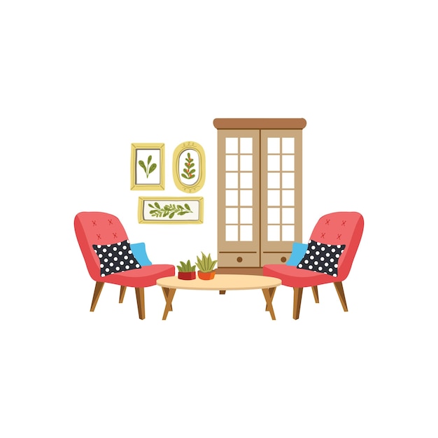 een set meubels in de woonkamer platte stijl illustratie