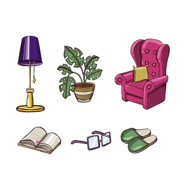 Een set meubels voor rust en slaap is gekleurd Sofa fauteuil bed illustratie