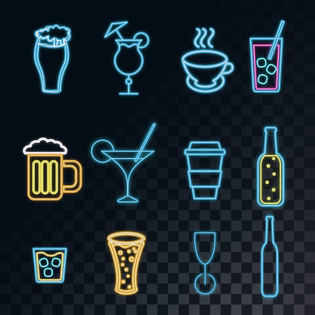 Een set neon heldere gloeiende iconen voor een reep cocktails bierglazen koffie thee mokken flessen