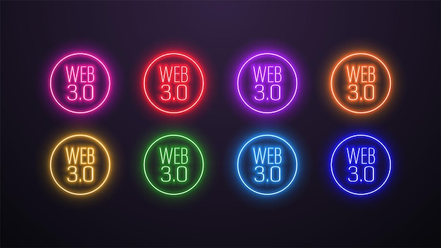 Een set neon web 30 iconen in een cirkel in verschillende kleuren op een donkere achtergrond