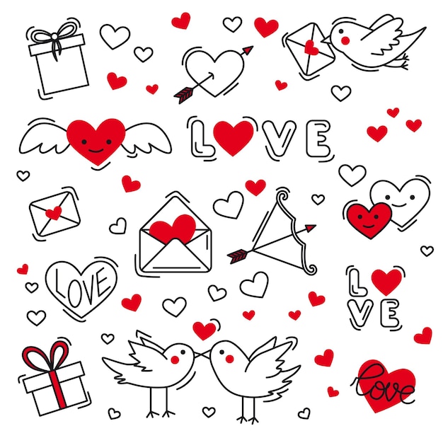 Een set objecten voor Valentijnsdag Leuke vectorobjecten voor kaarten op 14 februari