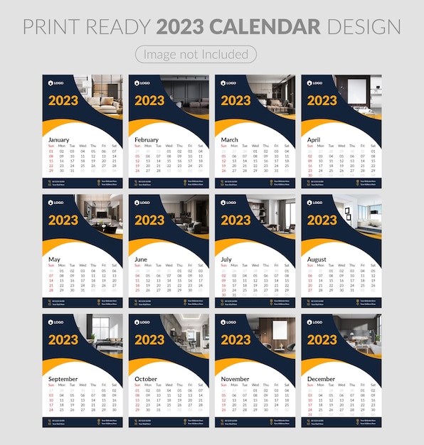 Een set pagina's voor 12 maanden bewerkbare kalendersjabloon voor 2023. Eenvoudige bedrijfskaart, planner.