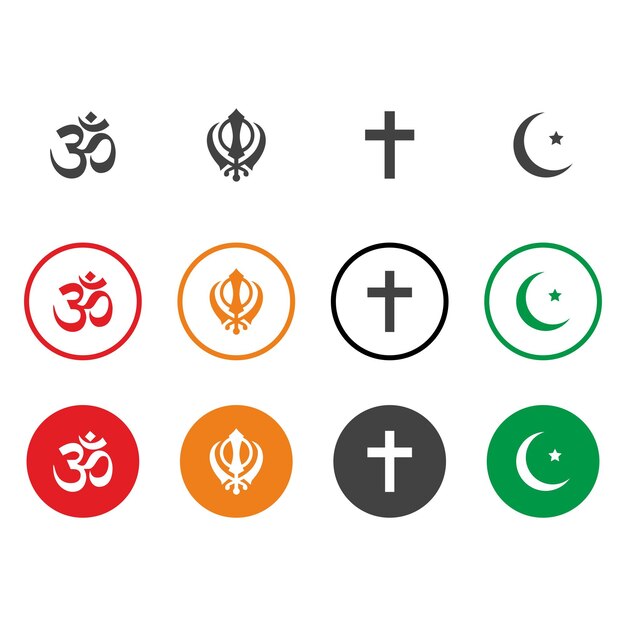 Een set pictogrammen, waaronder een religieus symbool, een religieus symbool en een ster.