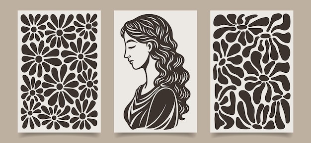 Een set posters met een silhouet van een vrouw bloemen en planten Moderne wandtapijten in boho-stijl