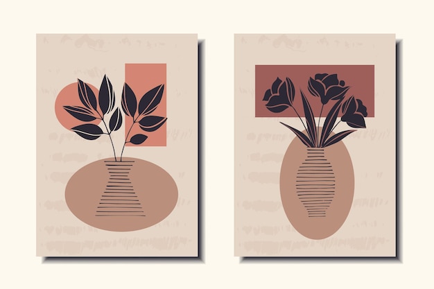 een set posters met planten met een vaas moderne kunst