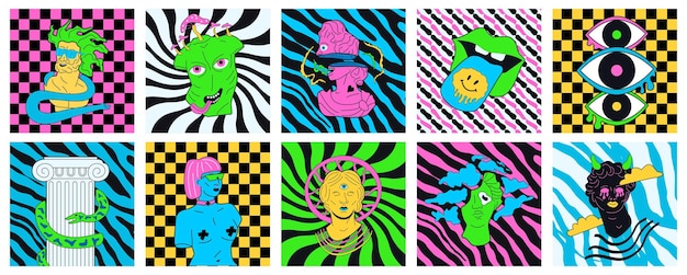 Vector een set psychedelische surrealistische ontwerpelementen met gekke zuurfiguren