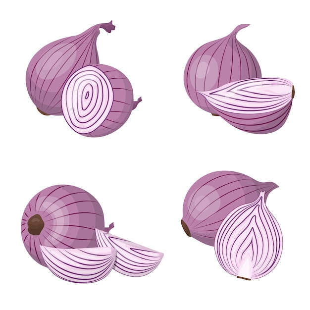 Een set rode uien De uien worden in tweeën gesneden en in plakjes gesneden.