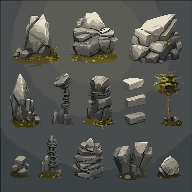 een set rotsen en stenen met een palmboomspelachtergrond