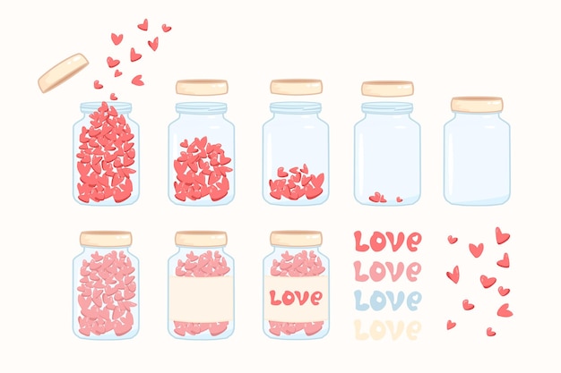 Een set roze harten in een glazen pot die liefde symboliseert met groefletters Liefdesvitamines en pillen