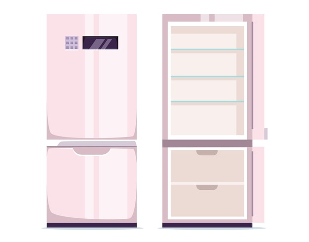 Een set roze koelkasten met een witte deur en een blauw label.