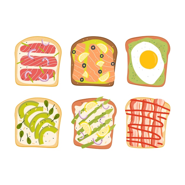 Een set sandwiches met zalm, tonijn, avocado, roerei, spek, asperges, roomkaas.